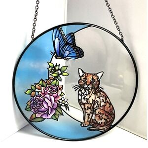 Cat Butterfly Floral Suncatcher Stained Glass Style Round Hanging Window Decor
